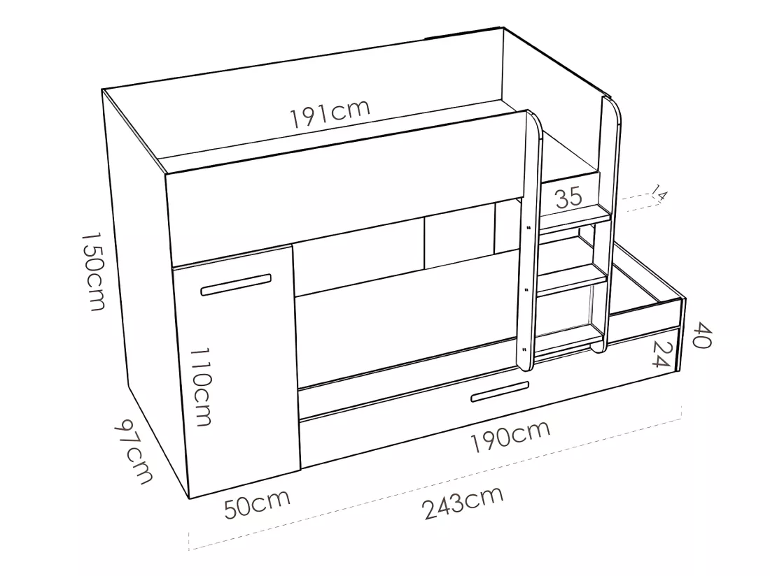 Lits superposés avec tiroir lit gigogne et rangements 3 x 90 x 190 cm - Anthracite et Blanc + matelas - ANTHONY