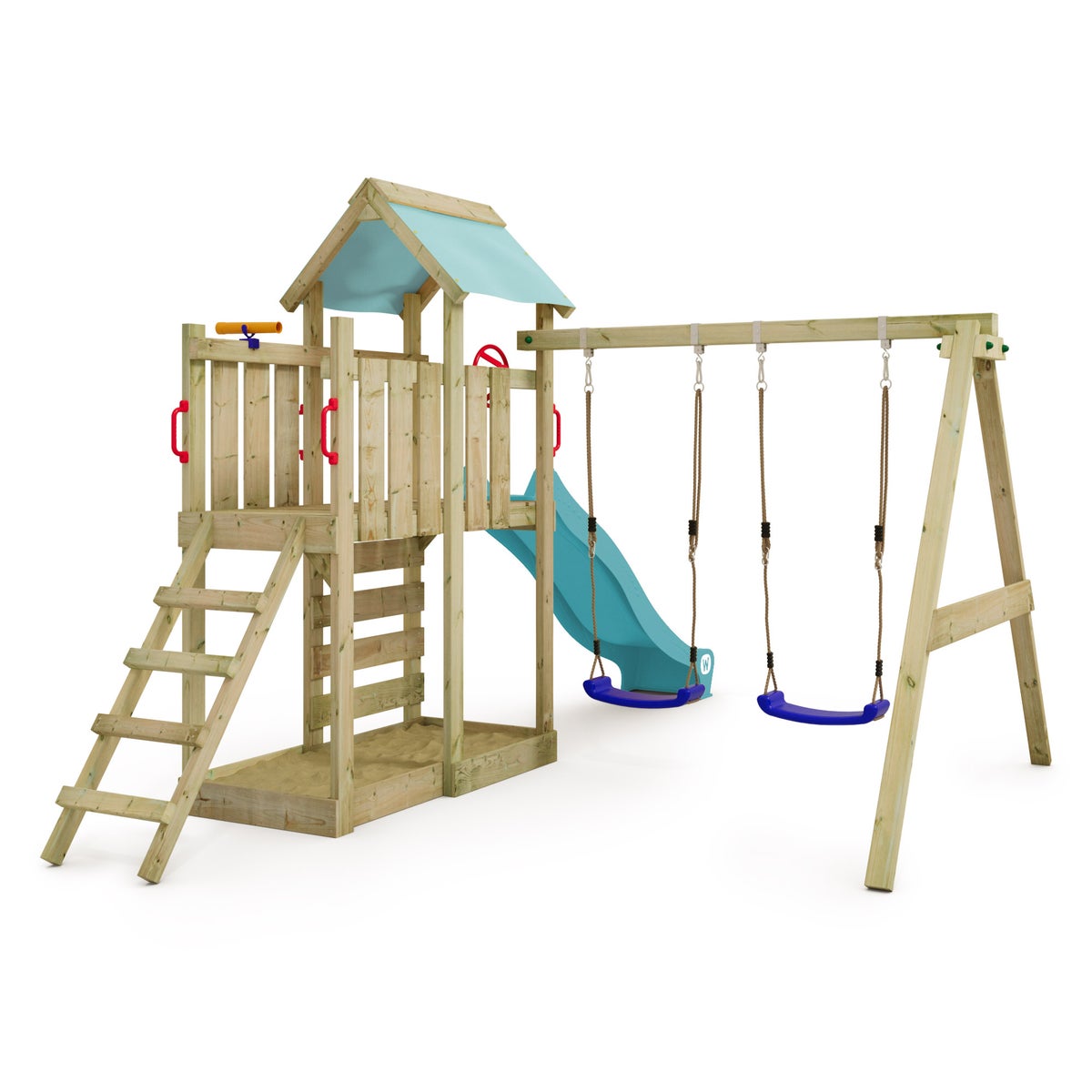 WICKEY MultiFlyer Speeltoren Klimrek met Schommel en Glijbaan, Klimtoren met Zandbak, Ladder en Speelaccessoires – Pastelblauw
