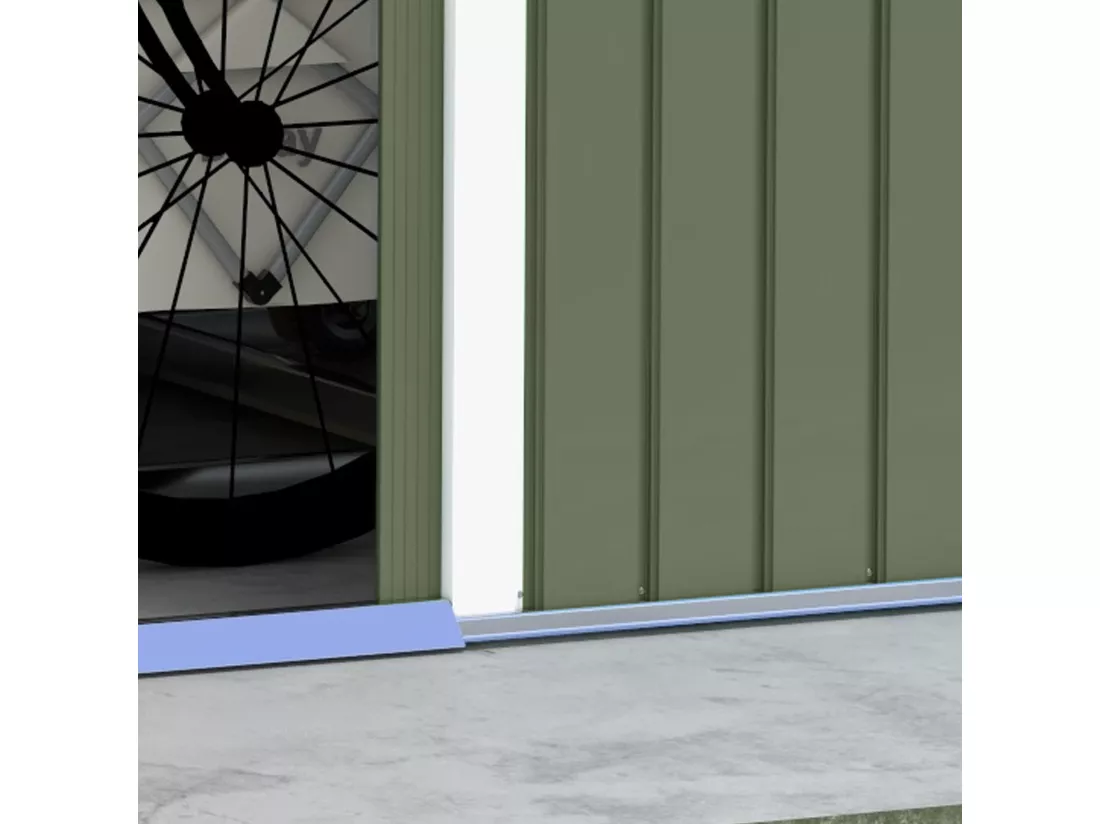 Abri de jardin - remise pour outils - cabanon double porte coulissante - fondation incluse - dim. 277L x 191l x 192H cm - tôle d'acier ondulée vert clair