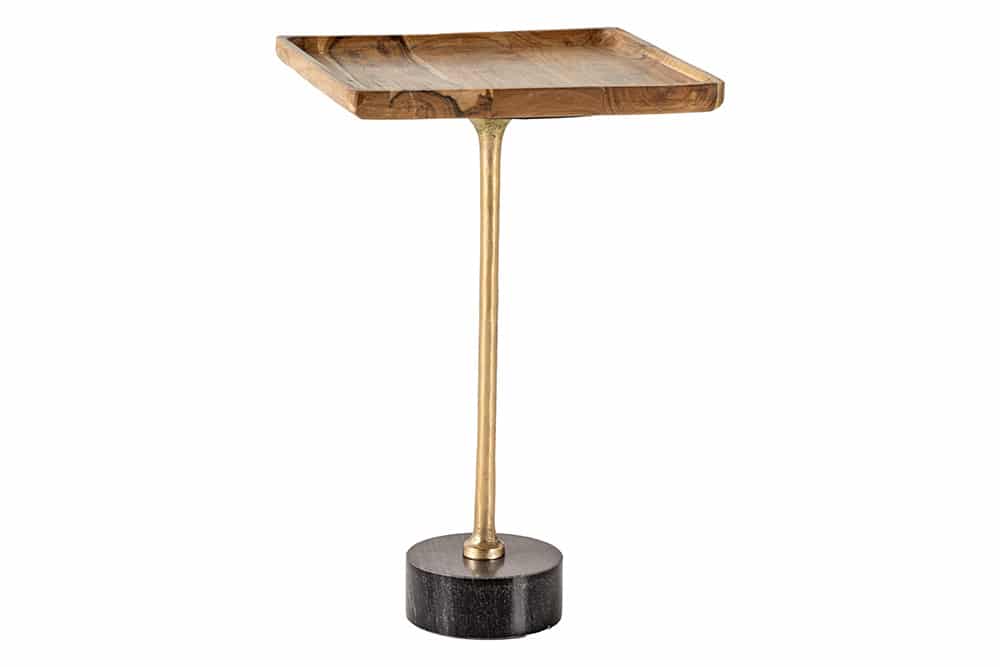 Design Beistelltisch TRAYFUL 55cm natur Akazie Massivholz schwarzer Marmorfuß gold Metall