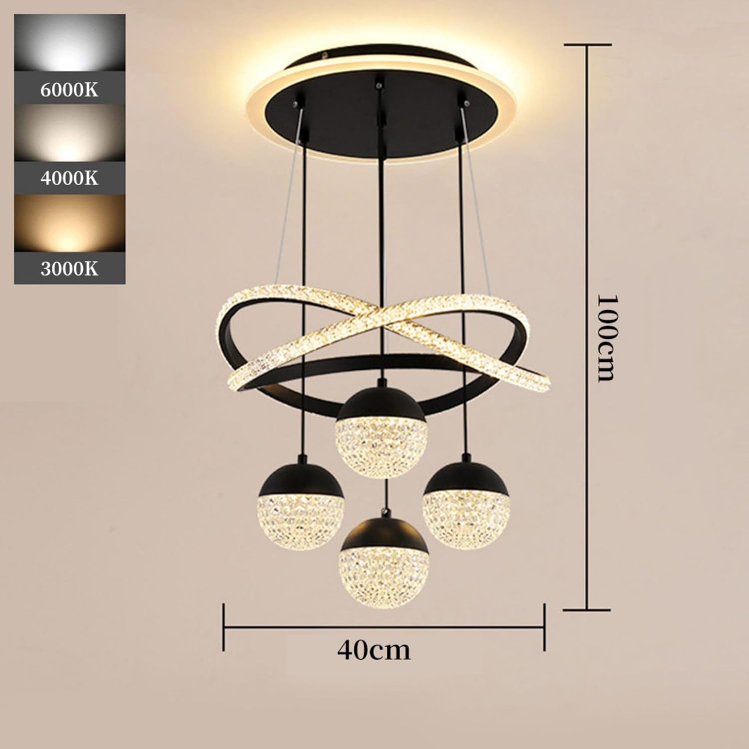 LED Pendelleuchte Schwarz dimmbare mit Fernbedienung 3000k-6500k Moderne 4 Ball Kristall Hängelampe 54W Esszimmerlampe hängend höhenverstellbar Esstischlampe für Wohnzimmer Esszimmer Schlafzimmer