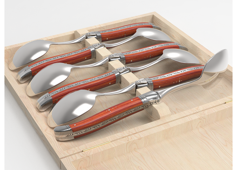 Service de 6 petites cuillères Laguiole avec un manche en bois de rose et mitres en acier inoxydable