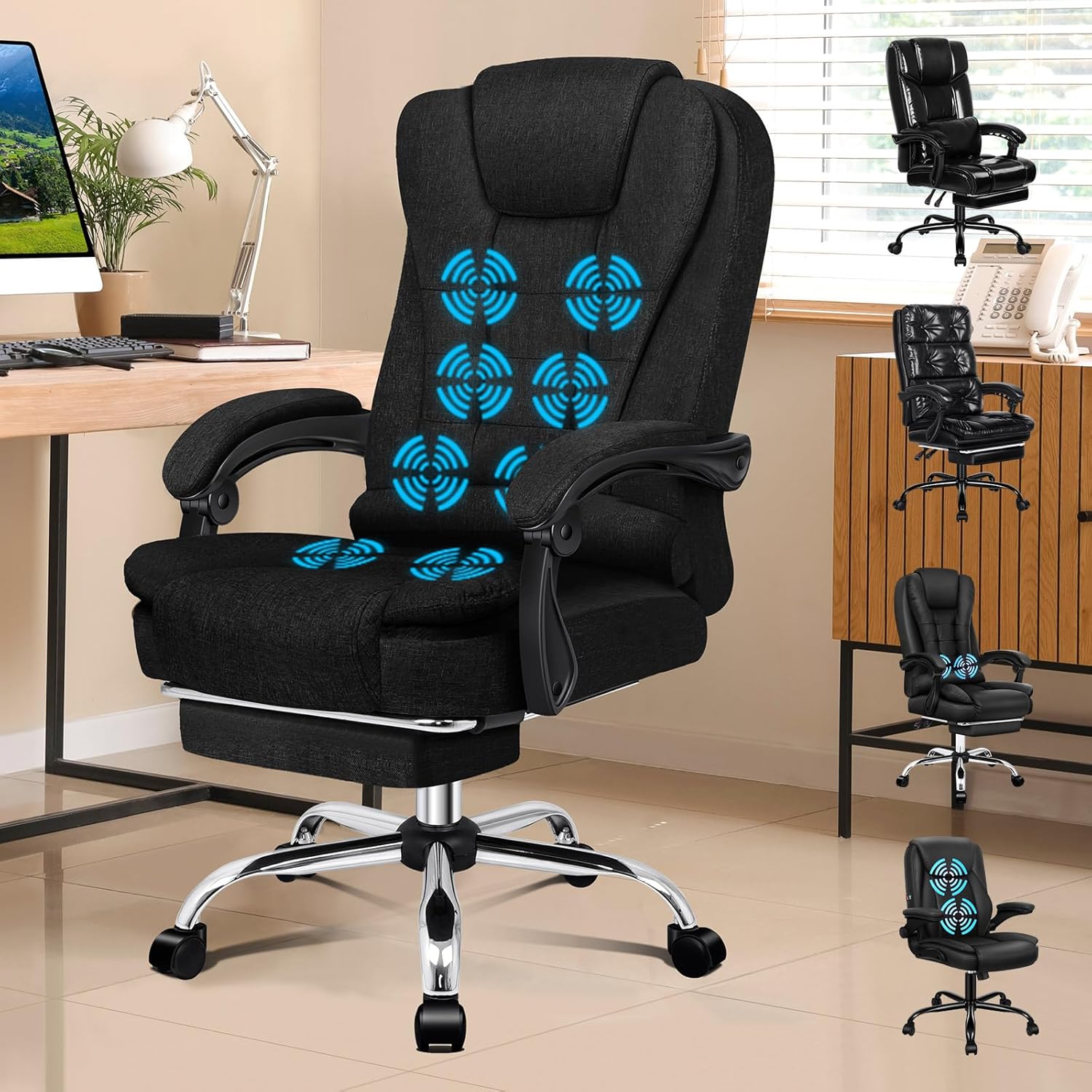 ALFORDSON Bürostuhl mit Massagefunktion, ergonomisches Design mit großer Sitzpolsterung, Lendenwirbelstütze, Rollen, für reibungslose Mobilität im Büro, Schwarz, Leinen Fabric