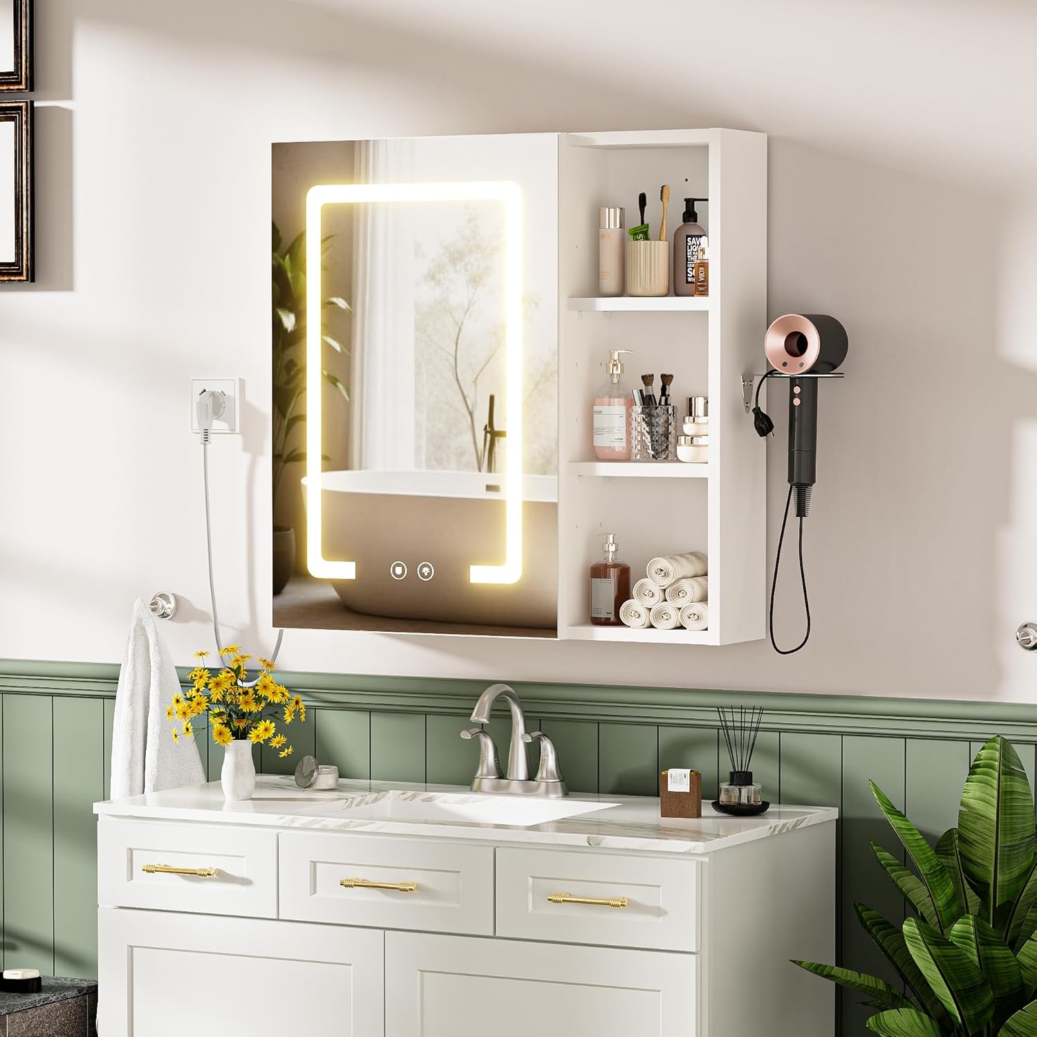 Spiegelschrank Bad mit Beleuchtung und Entnebelungs Funktion Hängend Bad Spiegelschrank mit Haartrocknerhalter und 3 Einstellbar Einlegeböden für Badezimmer,60x15x60 cm Off-White