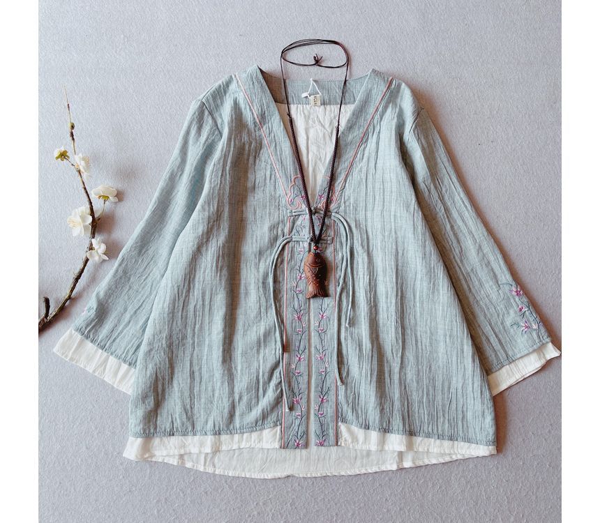 CosmoCorner - Hanfu-blouse met wijde mouwen en geborduurde bloemen