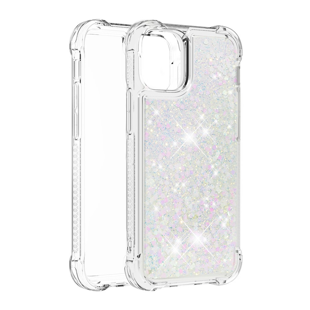 iPhone 13 Hardcase Hülle mit Air Cushion Fallschutz Liquid Case Glitzer Herzen - Silber / Transparent