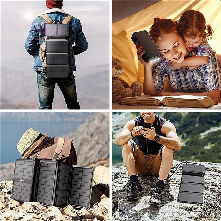 (20W) 16000mAh USB A / USB C Solar Powerbank Qi Wireless Ladegerät inkl. USB A / USB C / Lightning Ladekabel mit Taschenlampe (IP65) - Schwarz