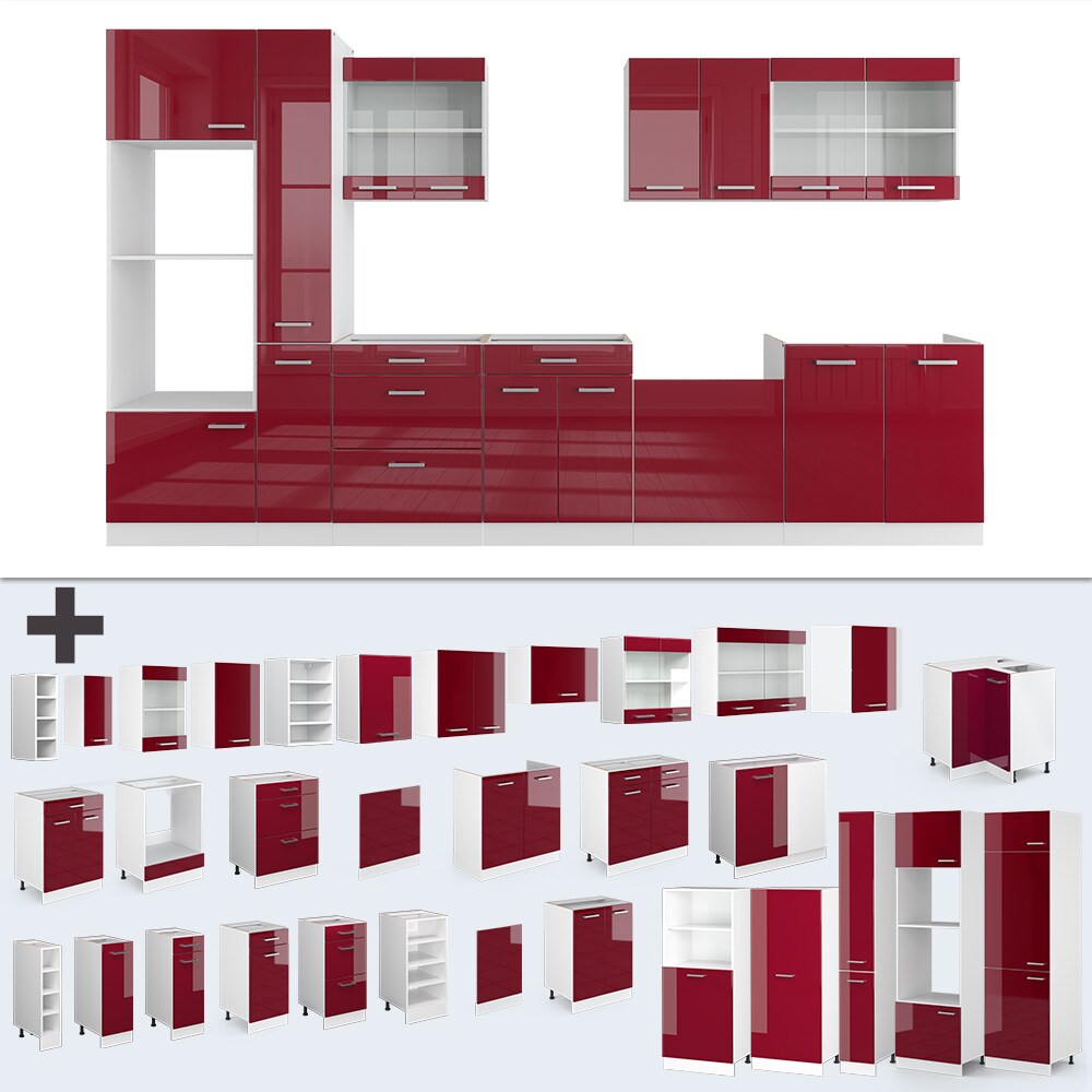 Vicco Küchenzeile Küchenblock Einbauküche R-Line 350 cm Weiß Bordeaux Hochglanz