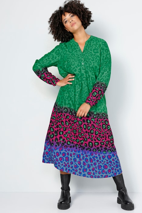 Maxikleid, A-Line, Leo-Verlauf, Tunika-Ausschnitt, Langarm