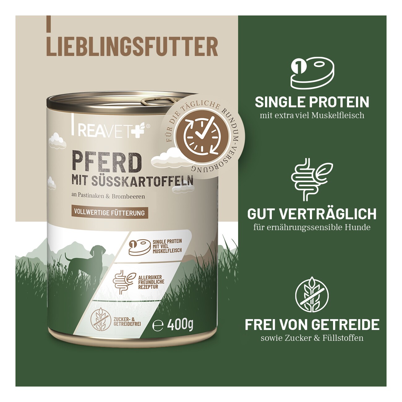 REAVET Hundenassfutter - Pferd mit Süßkartoffeln an Pastinaken & Brombeeren 6x2,4 kg