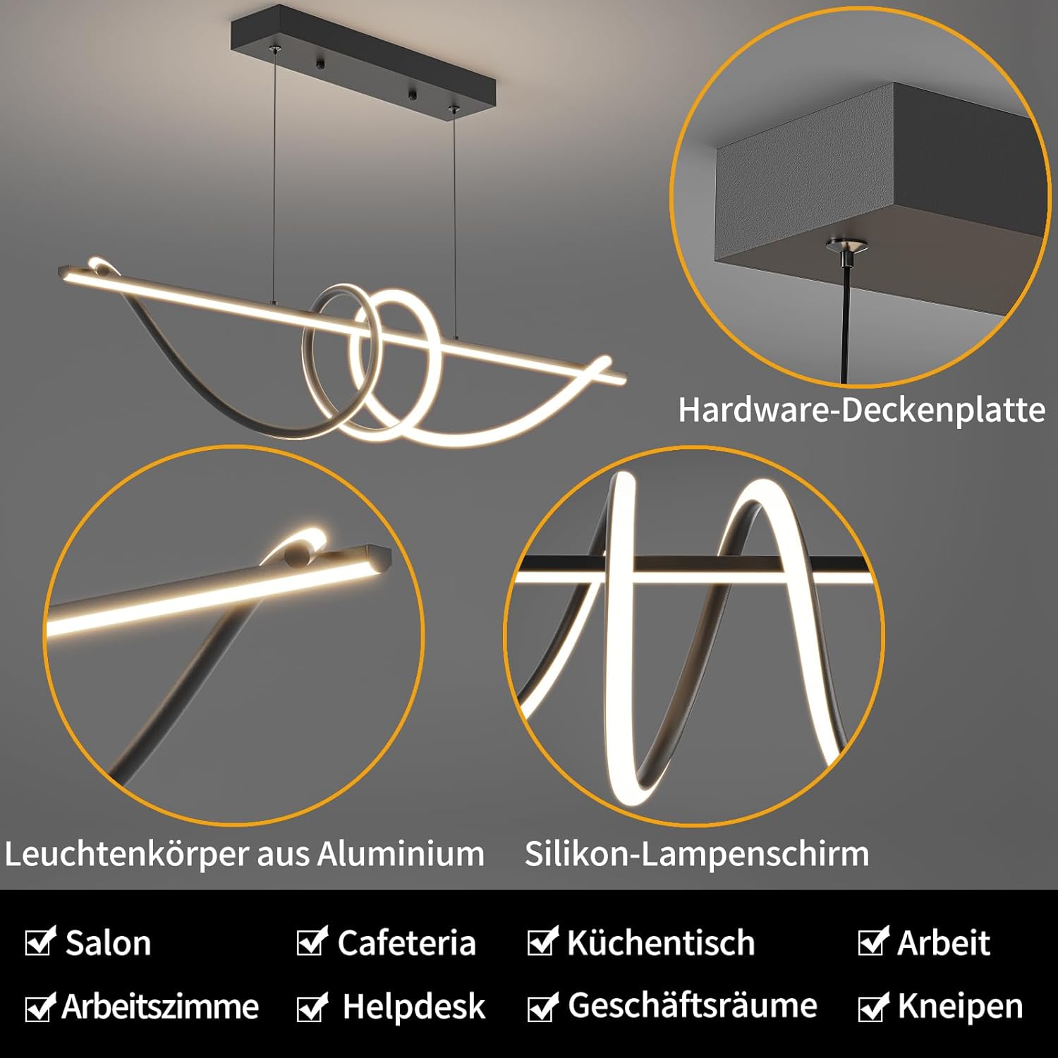 Mikeru 120cm Schwarze Spiral LED Pendelleuchte, Moderne Esszimmer Pendelleuchten Dimmbar 10%-100% 3000k/4500k/6500k Küchen Esstischlampe 1.5m Höhenverstellbare Hängelampe Esstisch für Restaurants