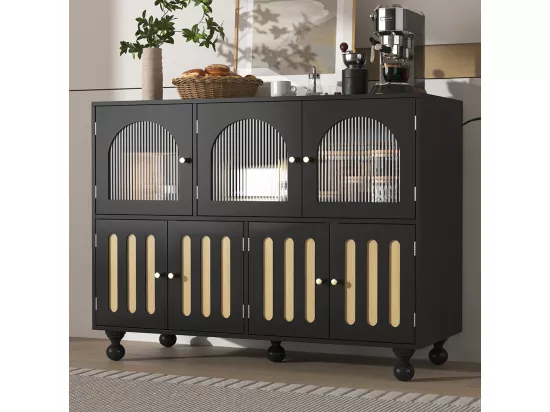 Buffet de salle à manger moderne noir avec portes en verre Longhorn, portes à clé piano, pieds cylindriques
