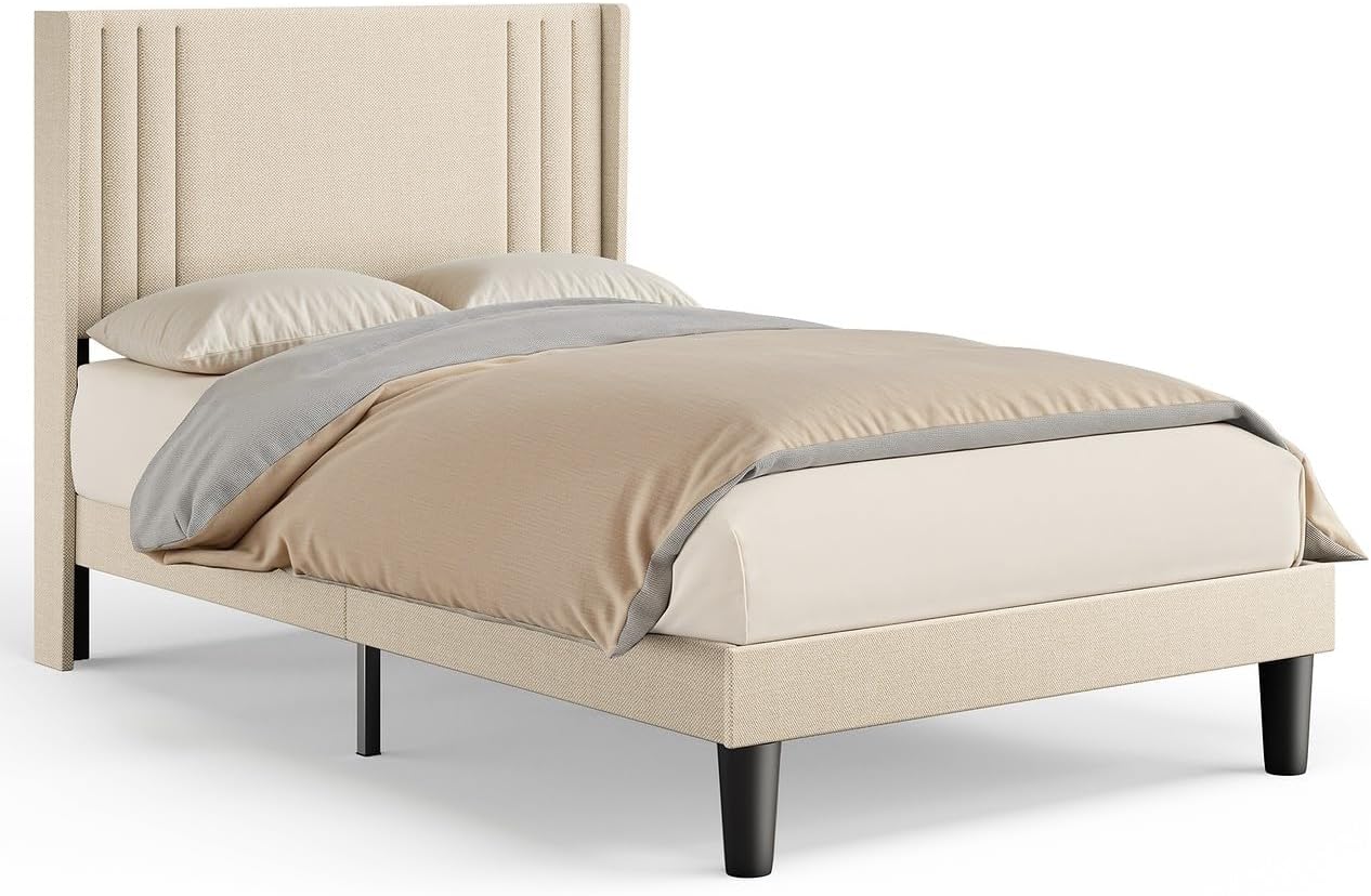 Bealife Polsterbett 120 x 200 cm mit Lattenrost – Stabiles Bettgestell aus Holz & Metall, Gepolstertes Doppelbett mit Kopfteil für Schlafzimmer & Jugendzimmer (Beige, 120 * 200cm)