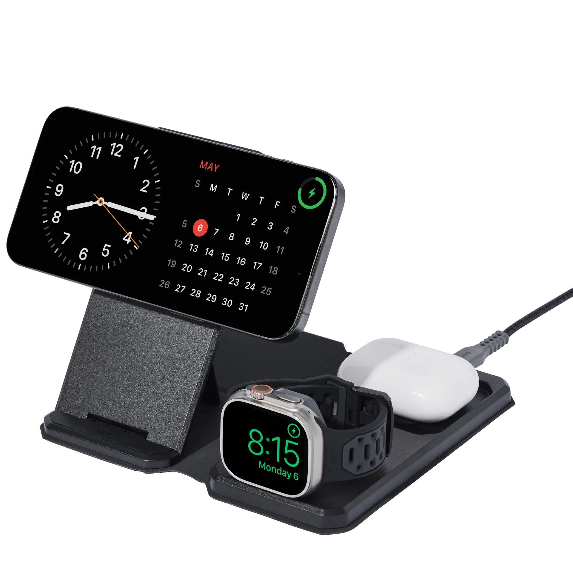 (15W) SRGE 3in1 MagSafe Qi Wireless Charger Faltbare Ladestation für iPhone / Apple Watch / Airpods (9B4412114030) - Schwarz