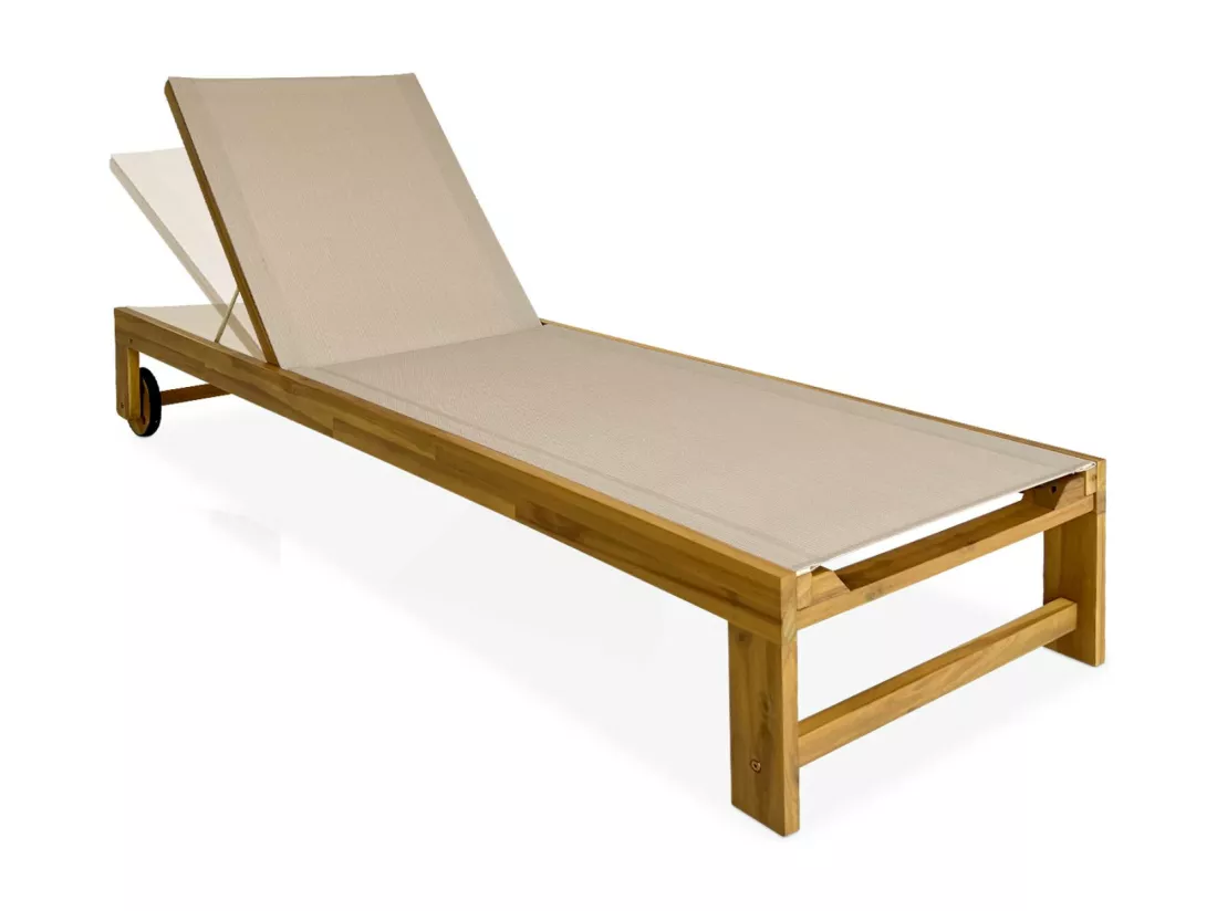Lot de 2 bains de soleil en bois d'acacia et textilène beige. multi positions avec roulettes