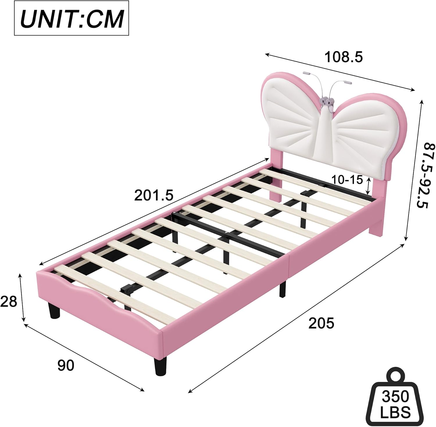 Kinderbett 90x200 cm, LED Einzelbett Gepolstertes Bett mit lattenrost für Mädchen, Polsterbett Jugendbett mit verstellbarem Kopfteil für Kinderzimmer, ohne Matratze (Rosa Schmetterling)