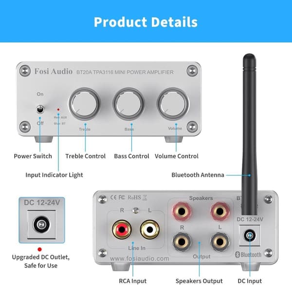 Fosi Audio Bluetooth 5.0 & R/L forsterker 100W x 2 med volum-, bass- og diskantkontroll, hvit