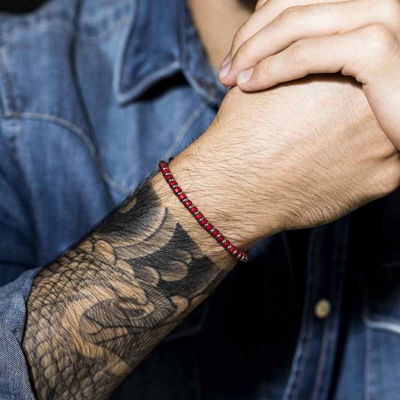 Bracelet Homme ajustable acier et perles de rocaille rouge 