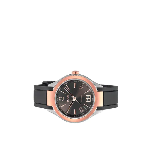 Relógio analógico bicolor ST em aço com revestimento IP em ouro rosa e pulseira de borracha preta.