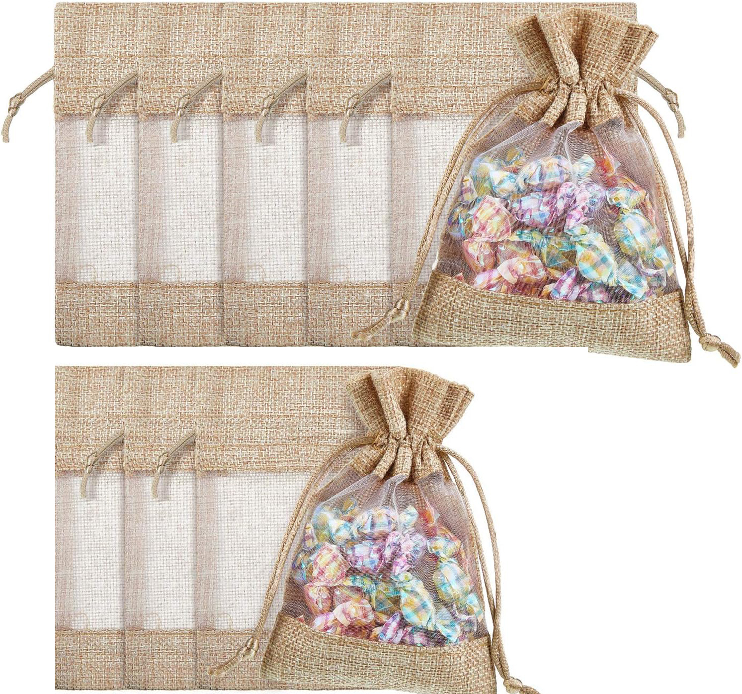 (10er Set) 23x16cm Jute Geschenk Beutel Gift Bag mit Kordelzug / Sichtfenster - Natur