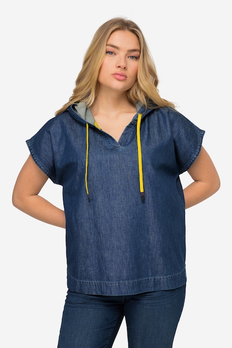 Jeansbluse, Kapuze, V-Ausschnitt