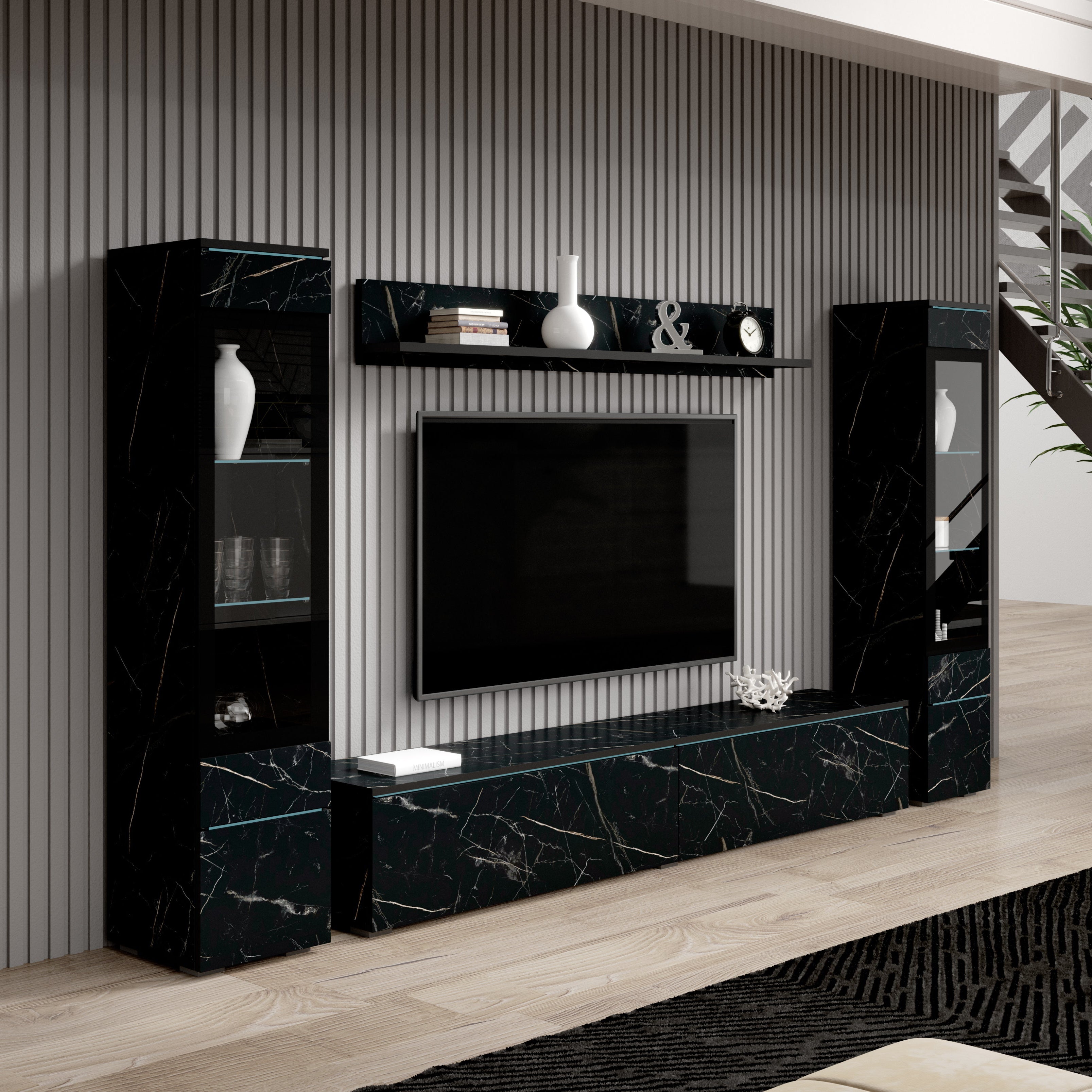 Variety - Wandmeubel - Zwart/marmerlook - 180x33x132 cm