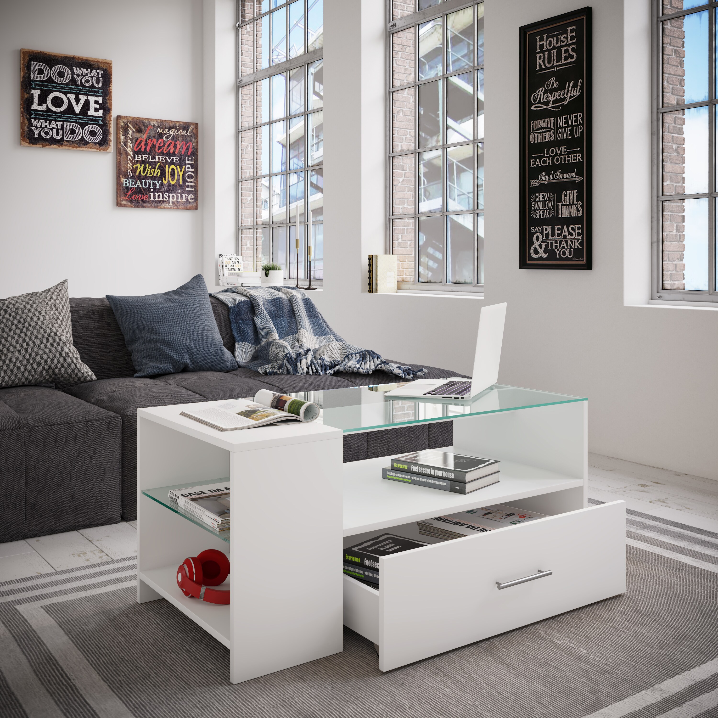 VCM Holz Couchtisch Sofatisch Wohnzimmertisch Beistelltisch Schublade Glas Tindala