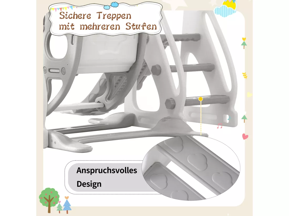 Toboggan pour enfants 4 en 1 - Convient pour l'intérieur et l'extérieur - avec balançoire, cadre de basket, toboggan, échelle - Gris