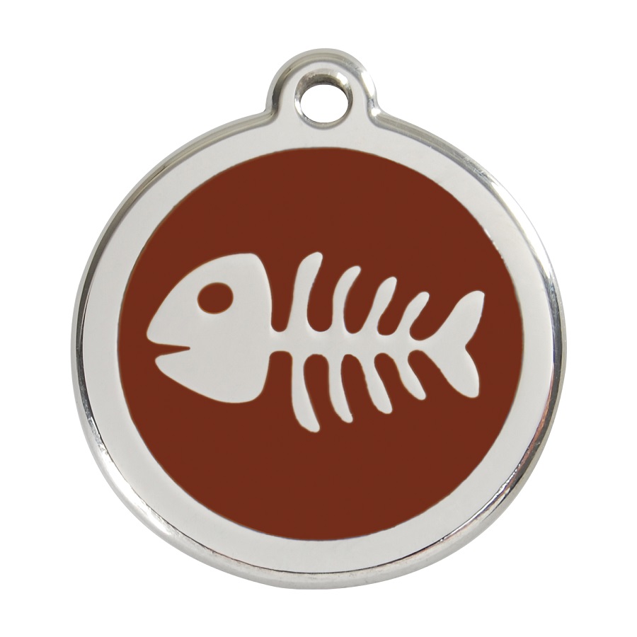 Placa de identificação para cães em aço inoxidável esmaltado com esqueleto de peixe marrom
