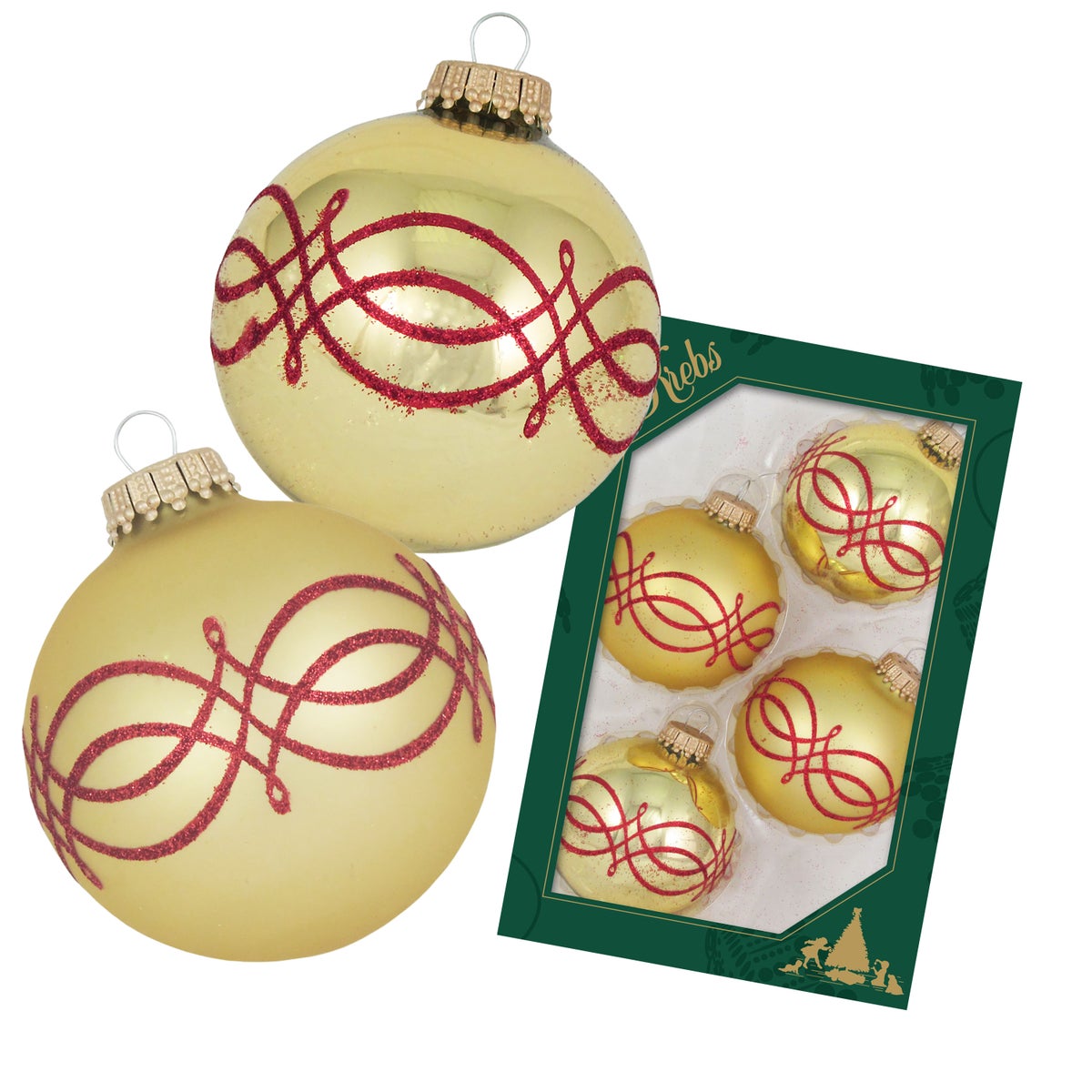 Goudkleurige glanzende/matte glazen bal van 7 cm met rode lintversiering en glitter, 4 stuks, kerstballen, kerstversieringen, kerstversieringen voor de kerstboom