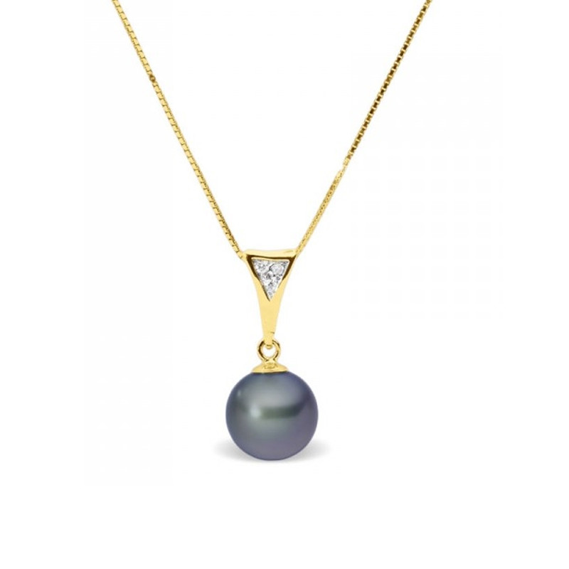 Collier Pendentif Perle de Culture d'eau douce Noire, Diamants et Or Jaune 375/1000