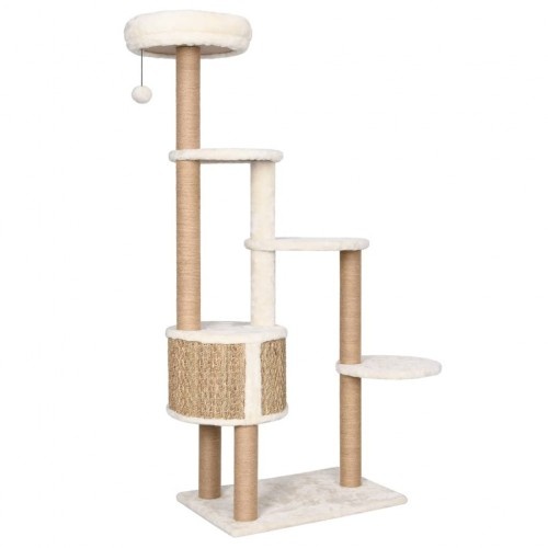 Arranhador bege para gatos com plataformas e toca.