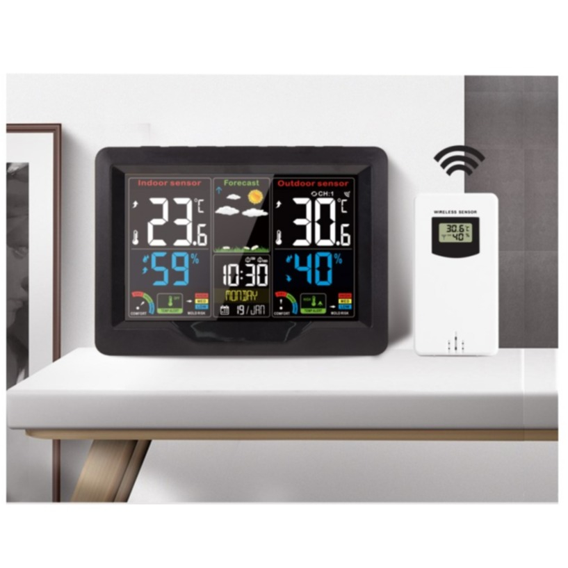 (2-tlg. Set) Wireless Wetterstation Digital Thermometer / Hygrometer / Wecker mit Wettervorhersage   Aussensensor (Batteriebetrieben) - Schwarz