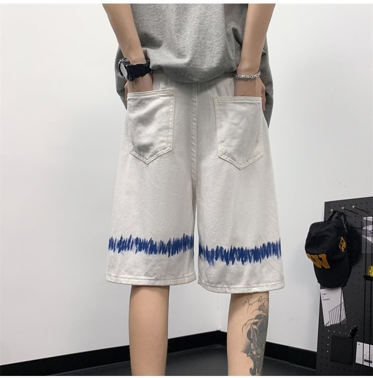 Hushgrain - Mid Rise Print Distressed Washed Denim Shorts