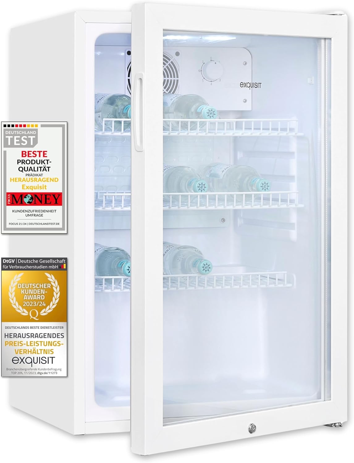 Exquisit Glastürkühlschrank GKS120-GT-160C weiss | Nutzinhalt: 118 L | Türschloss | 3 Gitterablagen | Umluftventilator | Standgerät