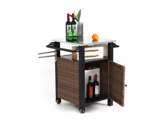 Desserte de jardin chariot roulant à une porte avec armoire de rangement en osier plateau en acier inoxydable roues et poignée latérale couleur marron