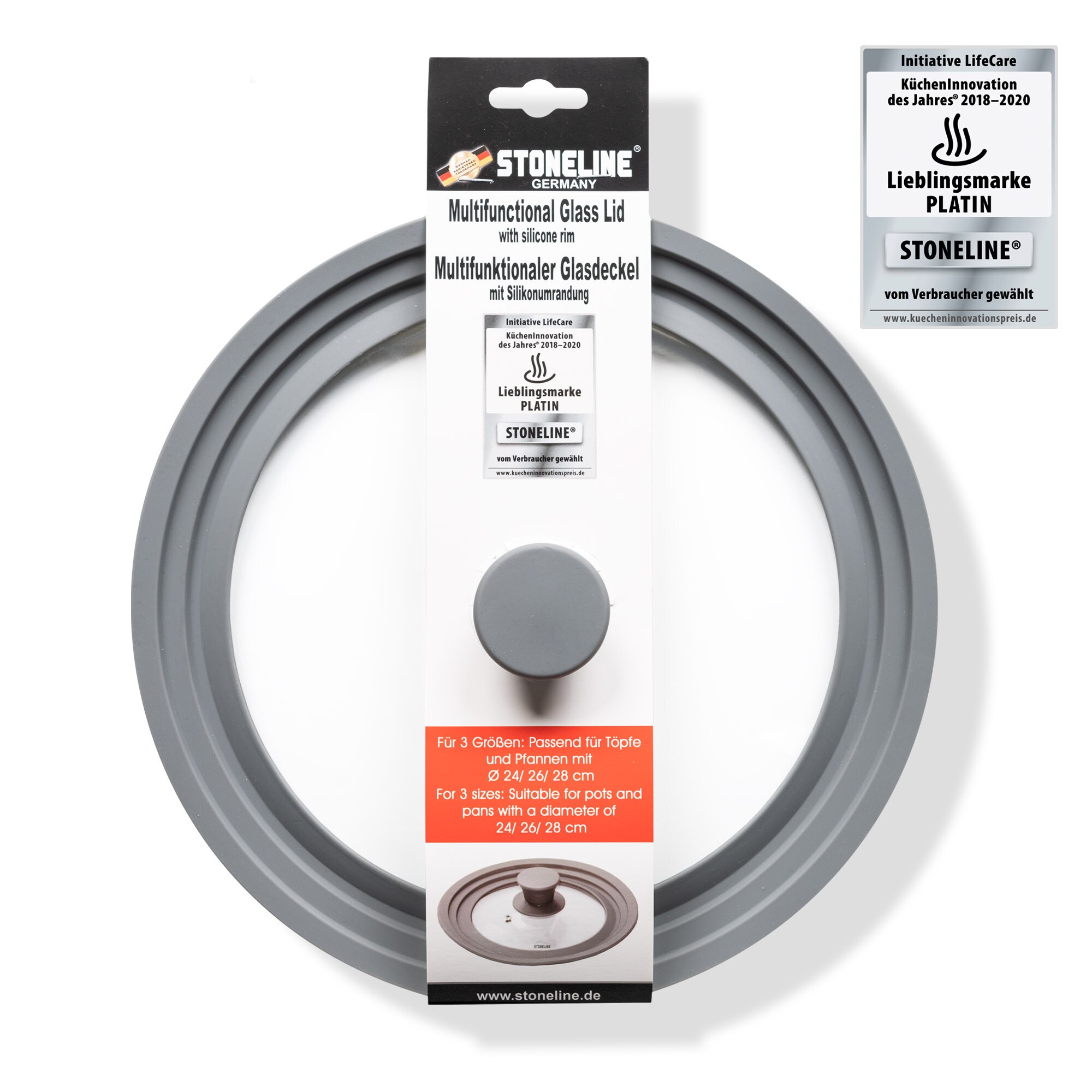 STONELINE® Universal Glasdeckel, mit Silikonrand für einen Durchmesser von 24/26/28 cm