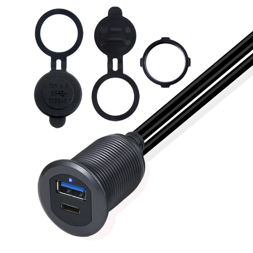 (2m) USB A / USB C Buchse Verlängerungskabel KFZ Auto LED Armaturenbrett Kabel - Schwarz