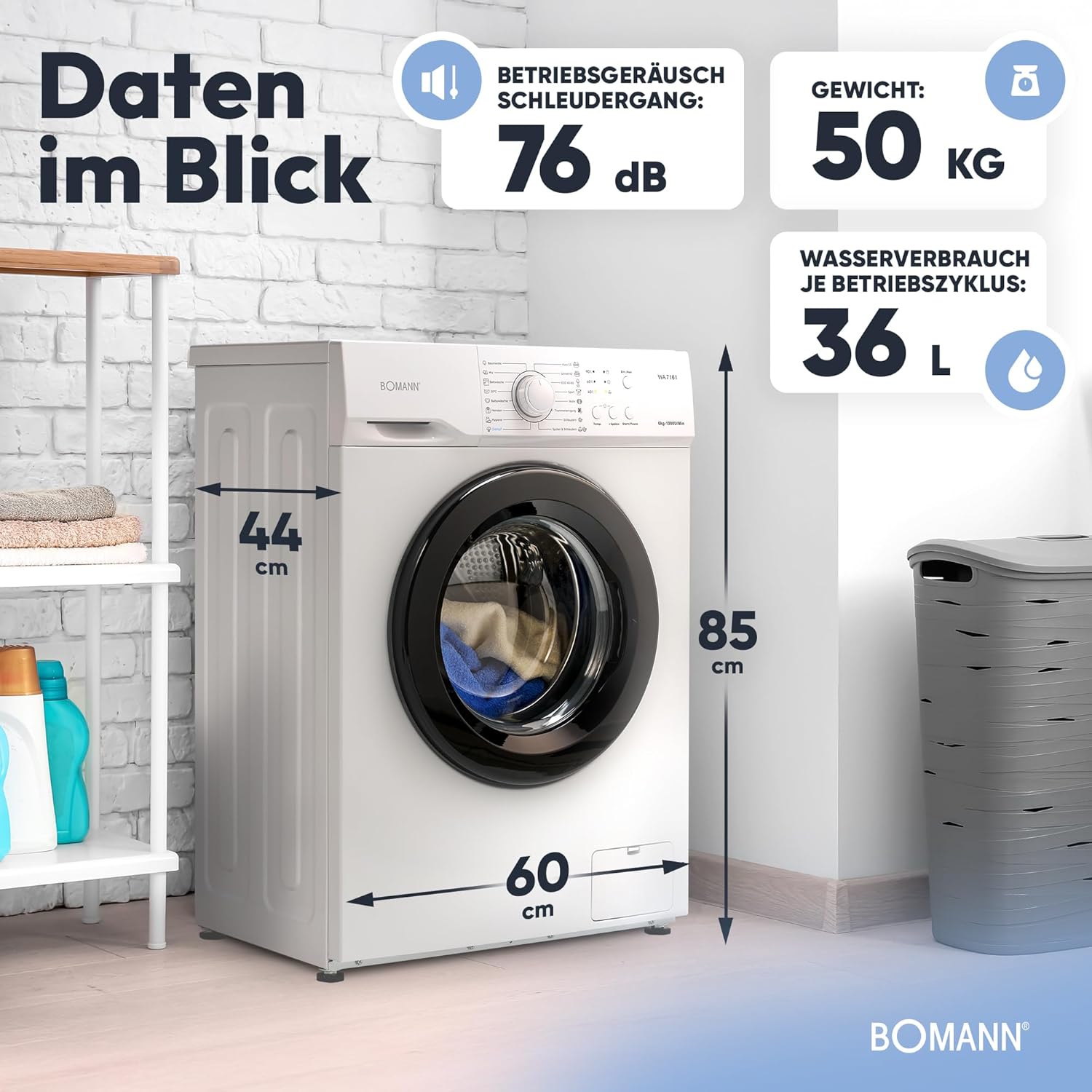 Bomann® Waschmaschine 6kg | max. 1000 U/Min. | 5 Jahre Motor-Garantie | bürstenloser DC-Motor: effizient, leise und langlebig | Temperatur bis zu 90°C | 16 Programme | Washing Machine | WA 7161