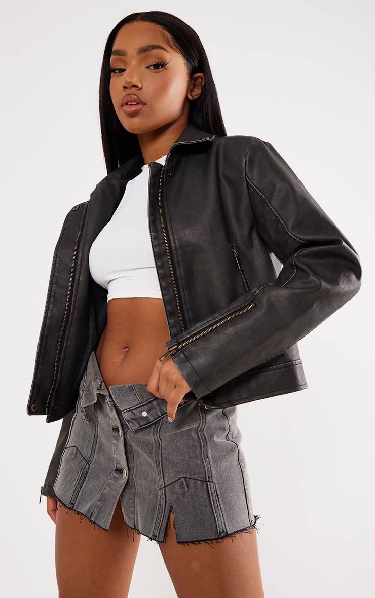 Gris Veste De Motard Coupe Boxy En Synthétiquecuir Aspect Usé