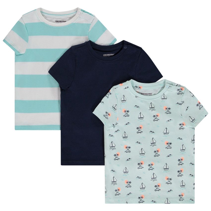 Lot de 3 t-shirts manches courtes unies et imprimées pour bébé garçon - Bleu marine