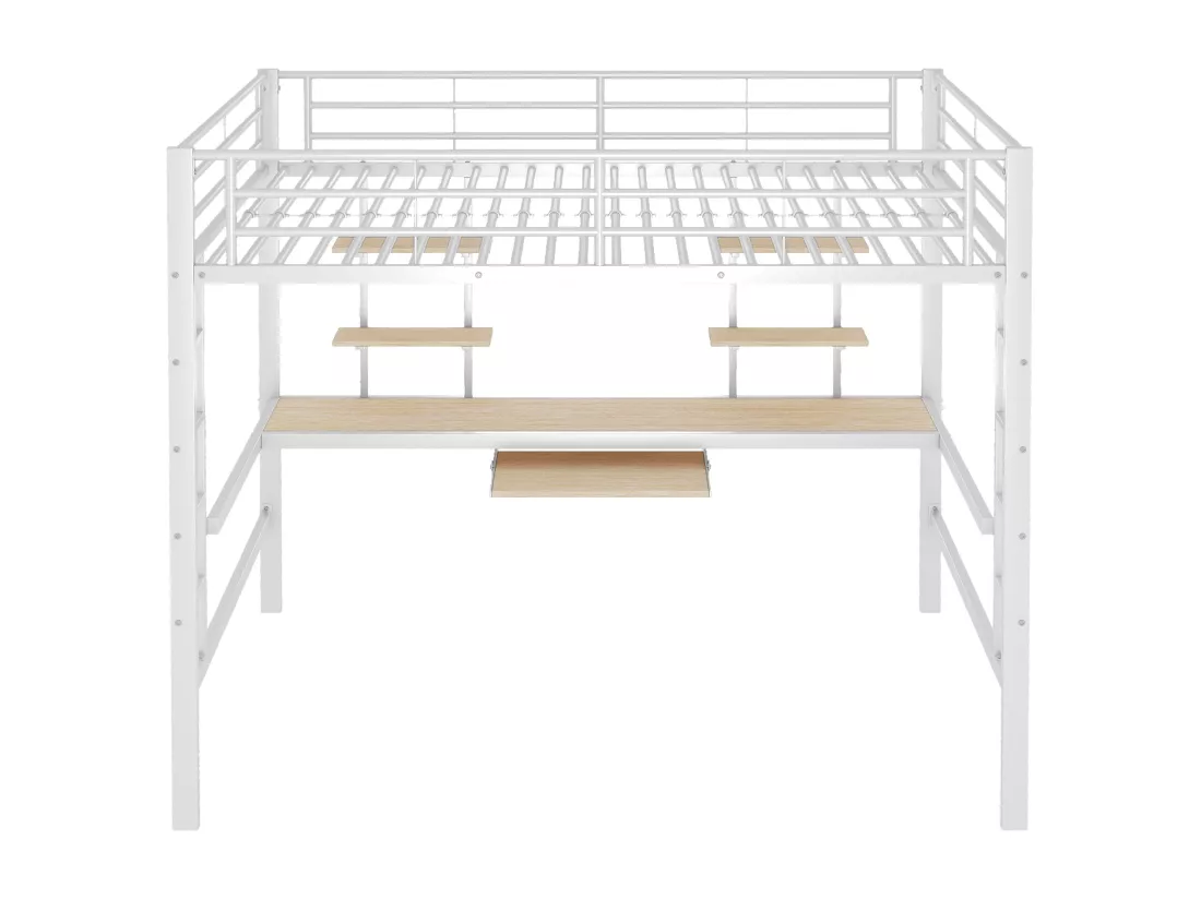 Lit mezzanine 140x200cm - avec bureau et étagères - cadre en métal - Blanc