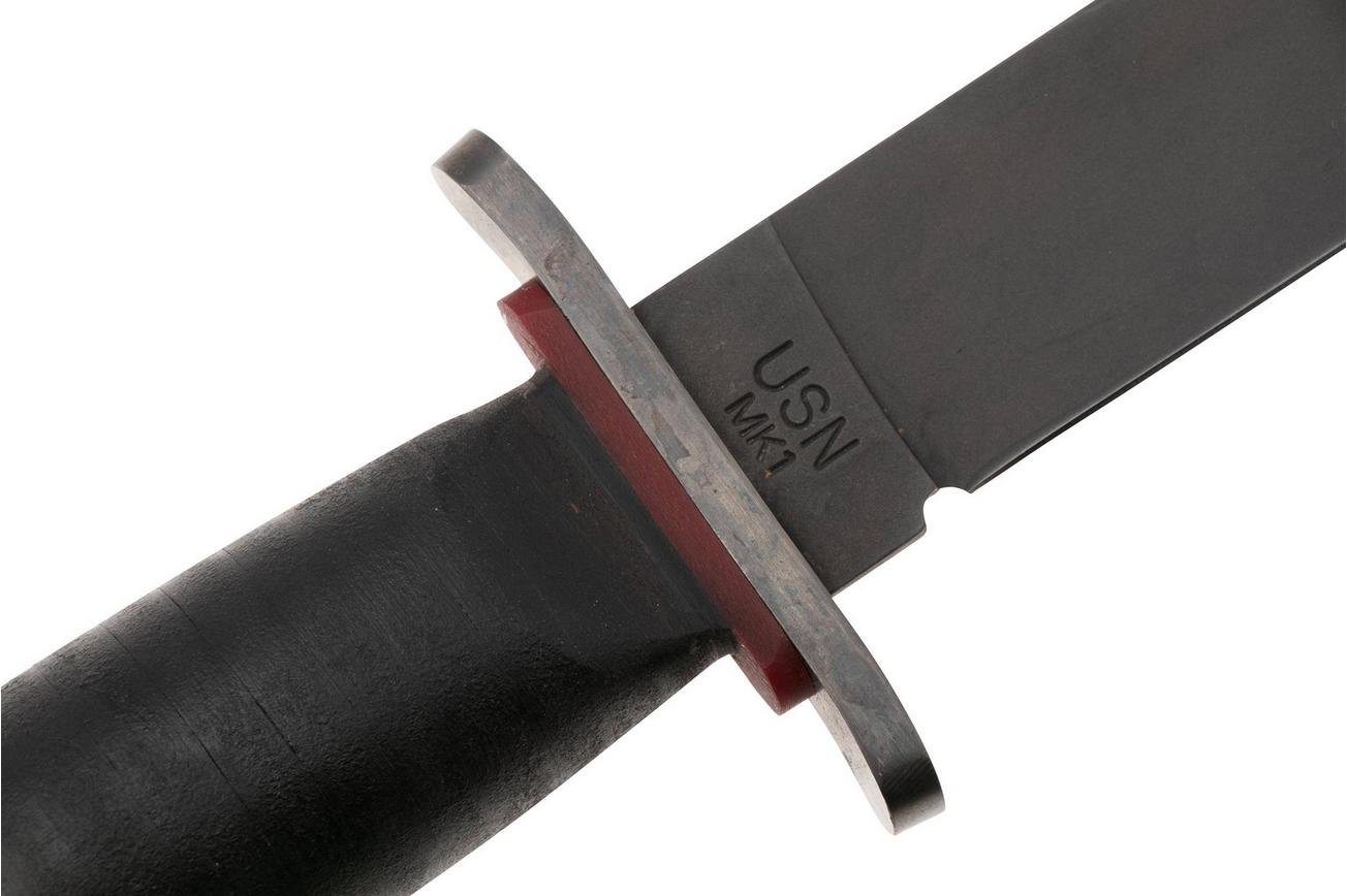 KA-BAR State & Union Mark I Red Spacer USN SU6425MK, Gun Blued 1095CV, Stacked Leather, vaststaand mes