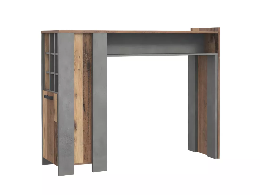 Table de bar 1 porte 9 niches décor bois vieilli et béton gris - BUCK