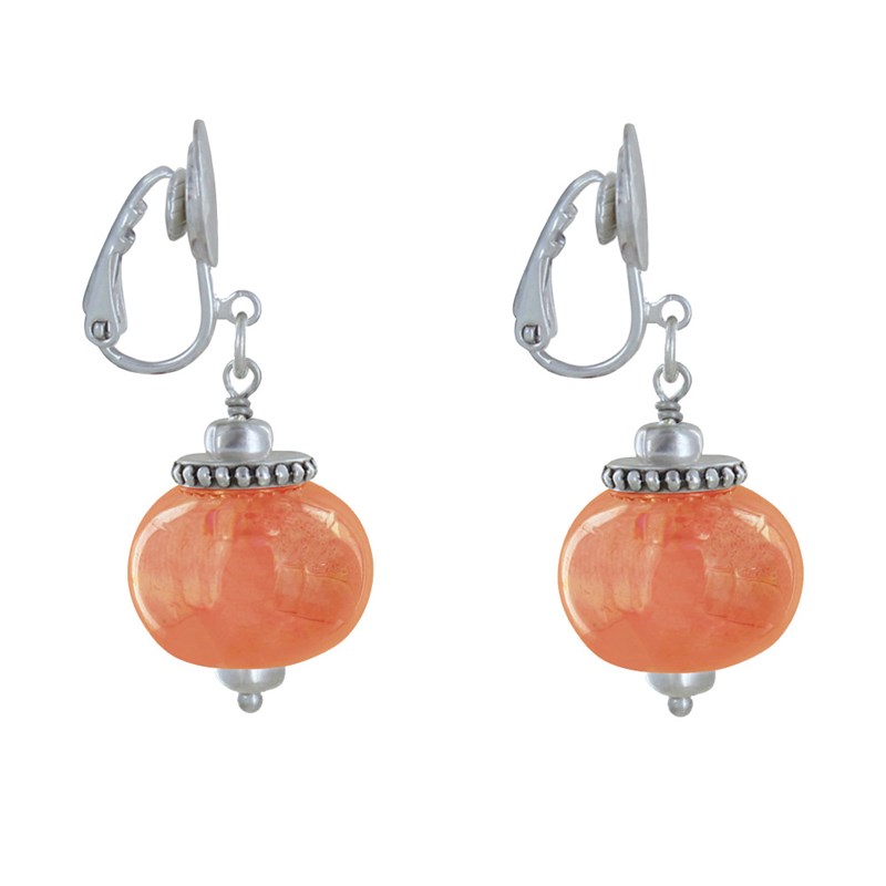 Boucles d'Oreilles Clip Métal Argenté et Grosses Perles en Céramique