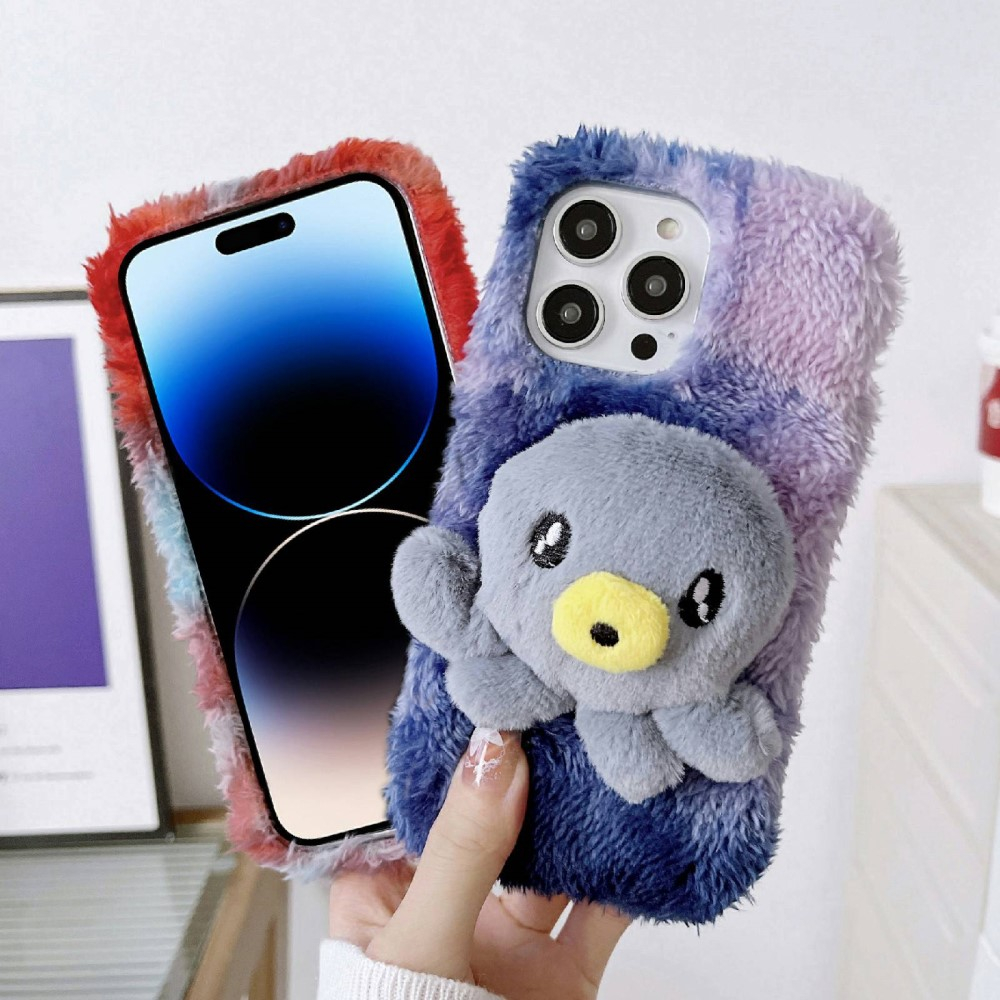 iPhone 14 Pro Max 3D Gummi Plüsch Case Hülle mit Flauschigem Oktopus - Lila / Grau