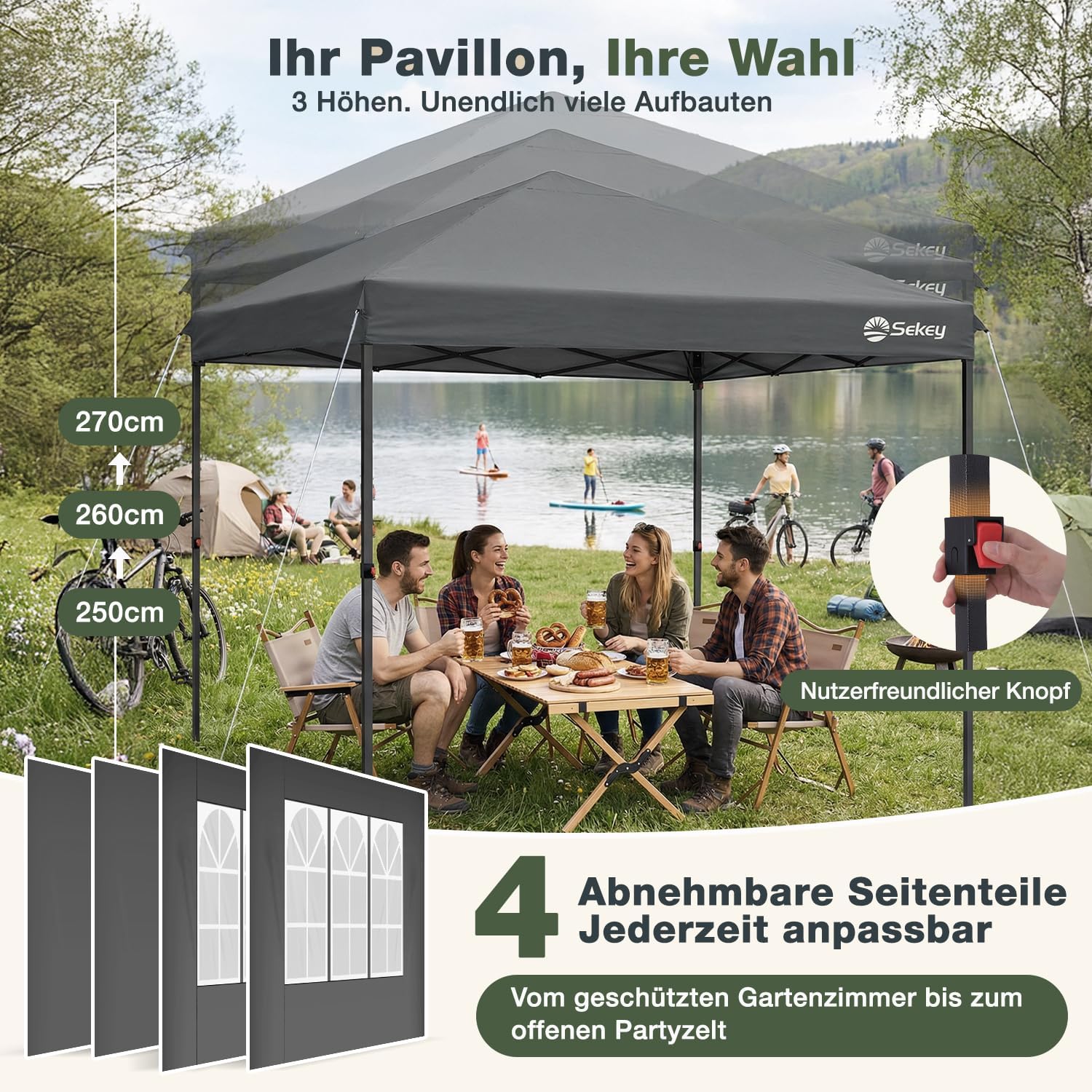 Sekey Premium Pop Up Pavillon 3x3 Wasserdicht Stabil, 3 x 3 m Pavillon mit Seitenwänden, Faltpavillon Partyzelt Faltbar für Camping Party, Höhe Verstellbar 250-270cm, (Grau, Mit Seitenwänden)