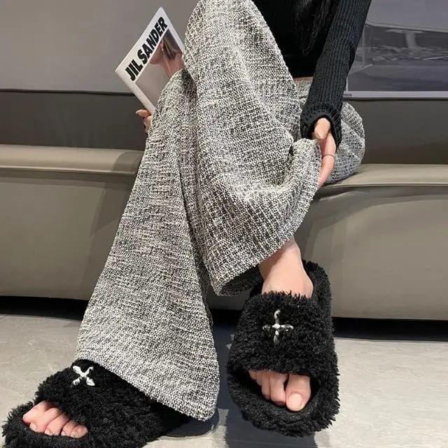 Dovitade - Hoge taille tweed broek met wijde pijpen