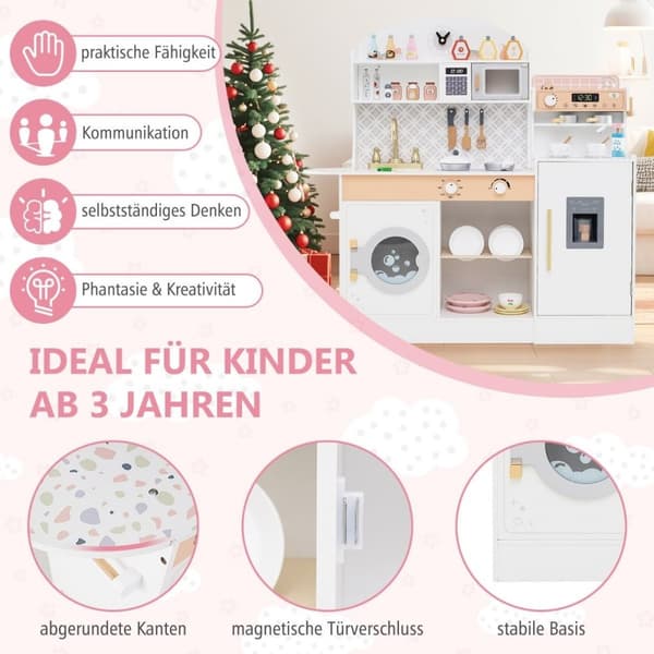 Barnekjøkken med 27 tilbehør, lekekjøkken i tre med klokke, mikrobølgeovn, hvit