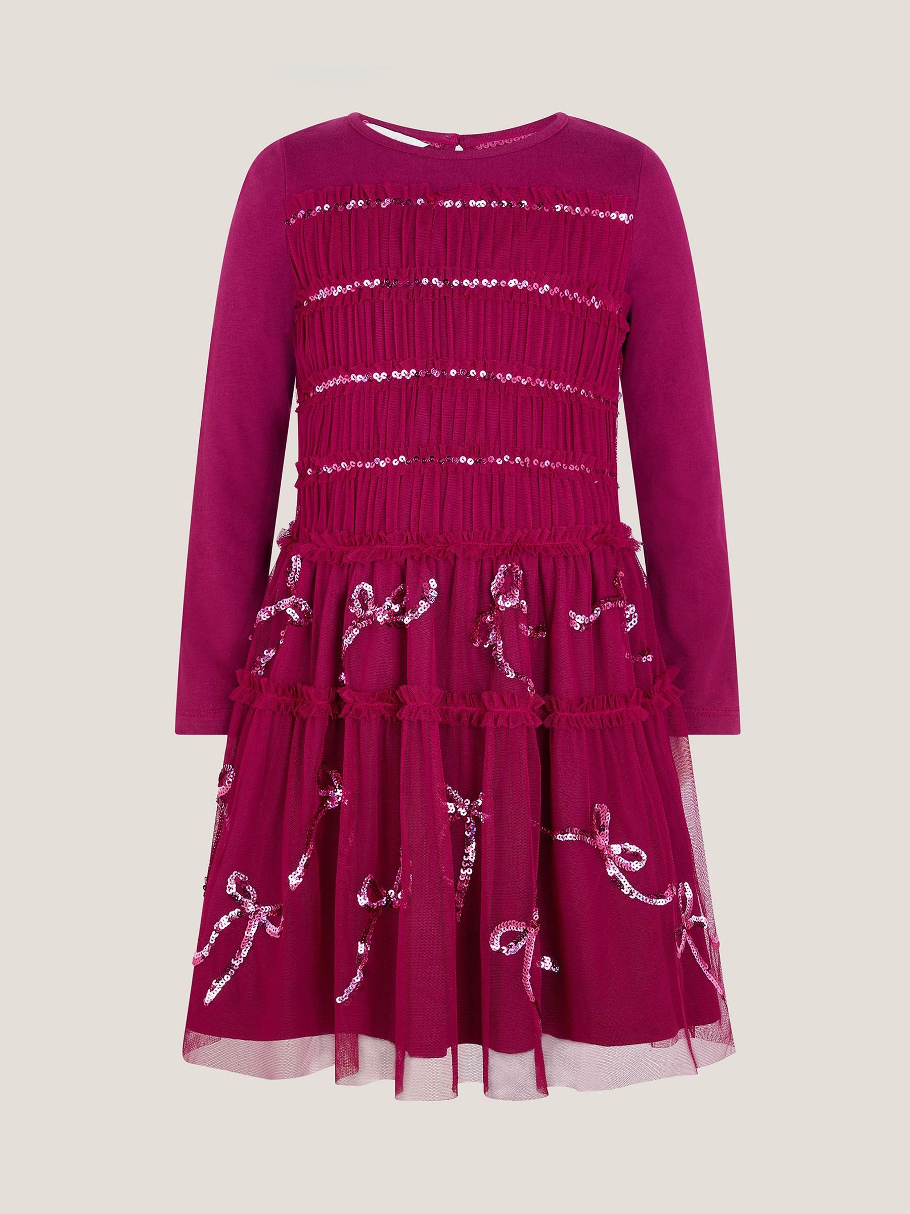 Monsoon Bow Embellished Jersey Tulle Dress